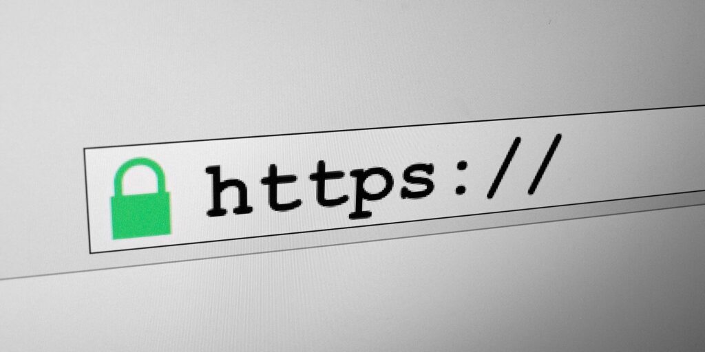 Close-up of a browser address bar showing a green padlock icon next to https://