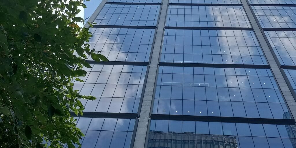 Looking up at a glass office tower at 50 Hudson Yards, with tree leaves in the foreground.