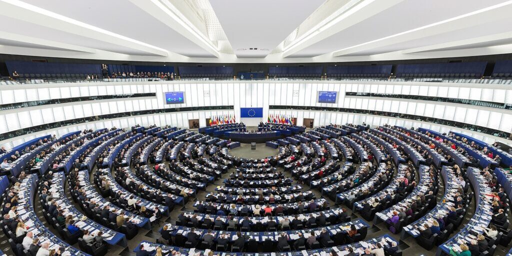 Seated members in the European Parliament's Strasbourg hemicycle during a plenary session.