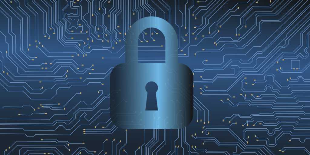 A padlock superimposed over a blue circuit board pattern