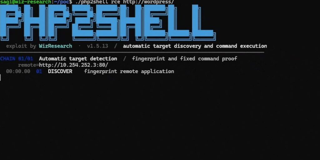 Terminal screen with a large blue PHP2SHELL logo above a command running the exploit against a WordPress target