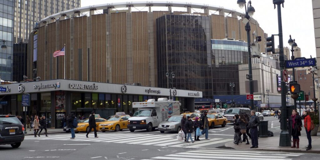 The exterior of Madison Square Garden with its distinctive ribbed facade