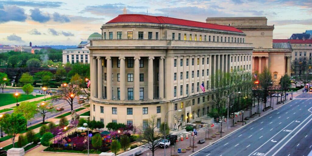 The Federal Trade Commission's Apex Building in Washington, D.C., showing its distinctive classical architecture and columned facade